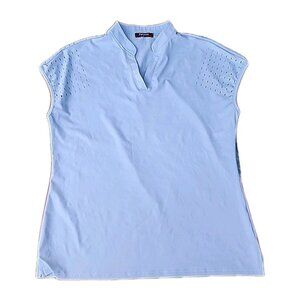 Felisou Light Blue Stretch High Neck Laser Cut Athleisure Stretch Top Sz L -EC